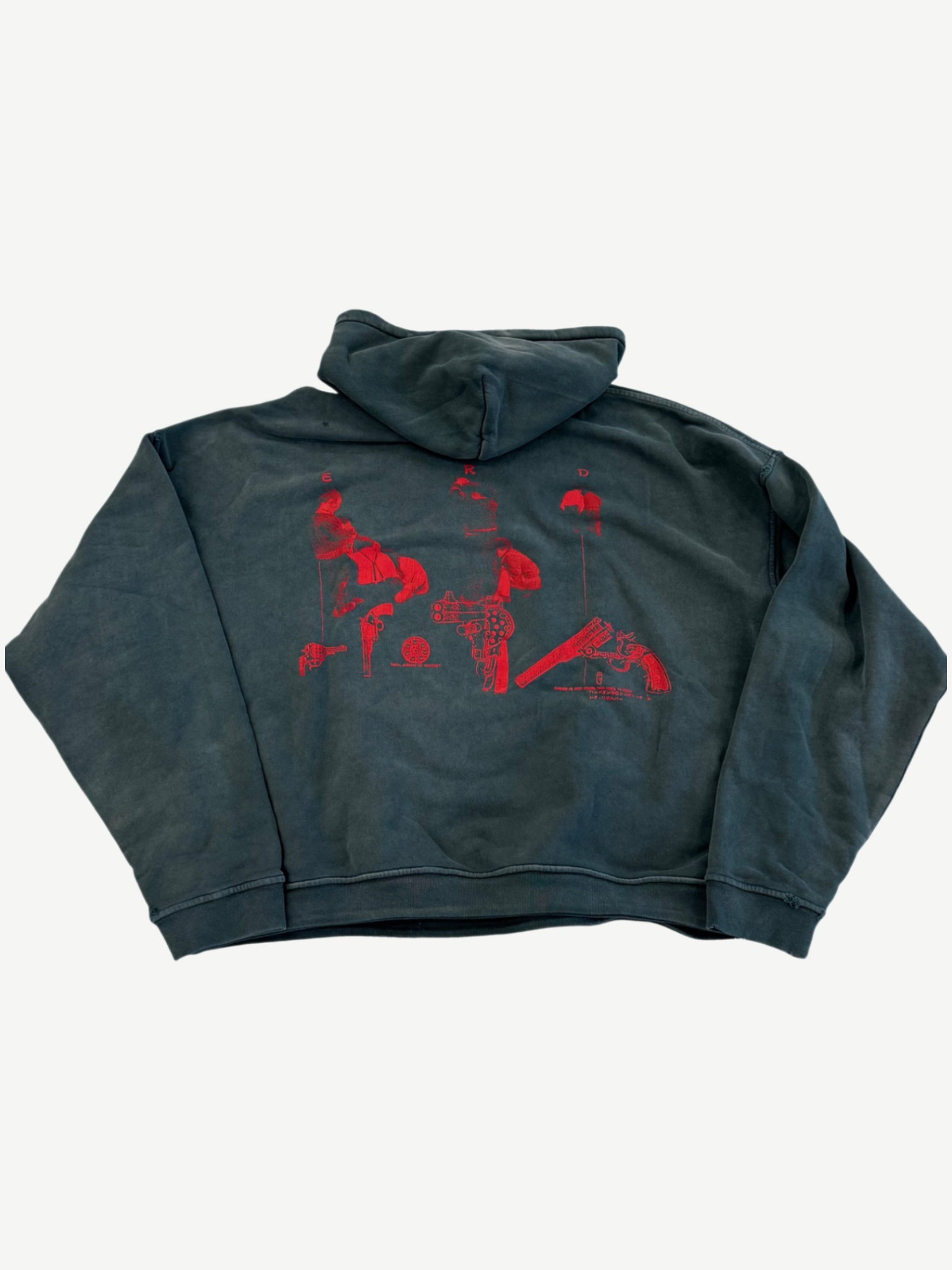 Enfants Riches Deprimes black Psychotherapie hoodie back view with red surrealist figures graphic across the top