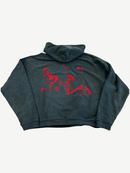 Enfants Riches Deprimes black Psychotherapie hoodie back view with red surrealist figures graphic across the top