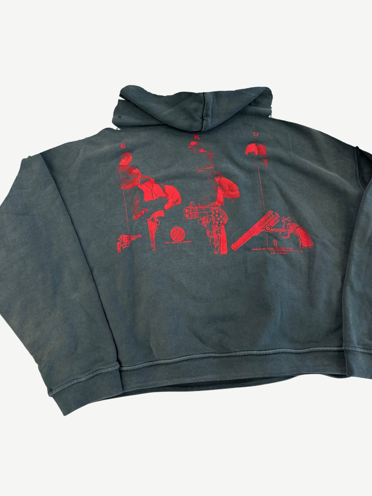 Enfants Riches Deprimes Psychotherapie hoodie cropped back view in washed black with detailed red graphic print