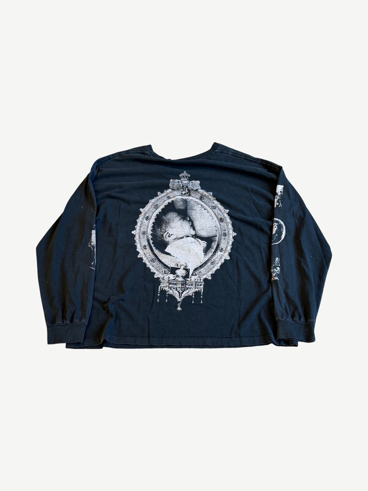Back of Enfants Riches Deprimes black Latency longsleeve with ornate framed portrait illustration print.