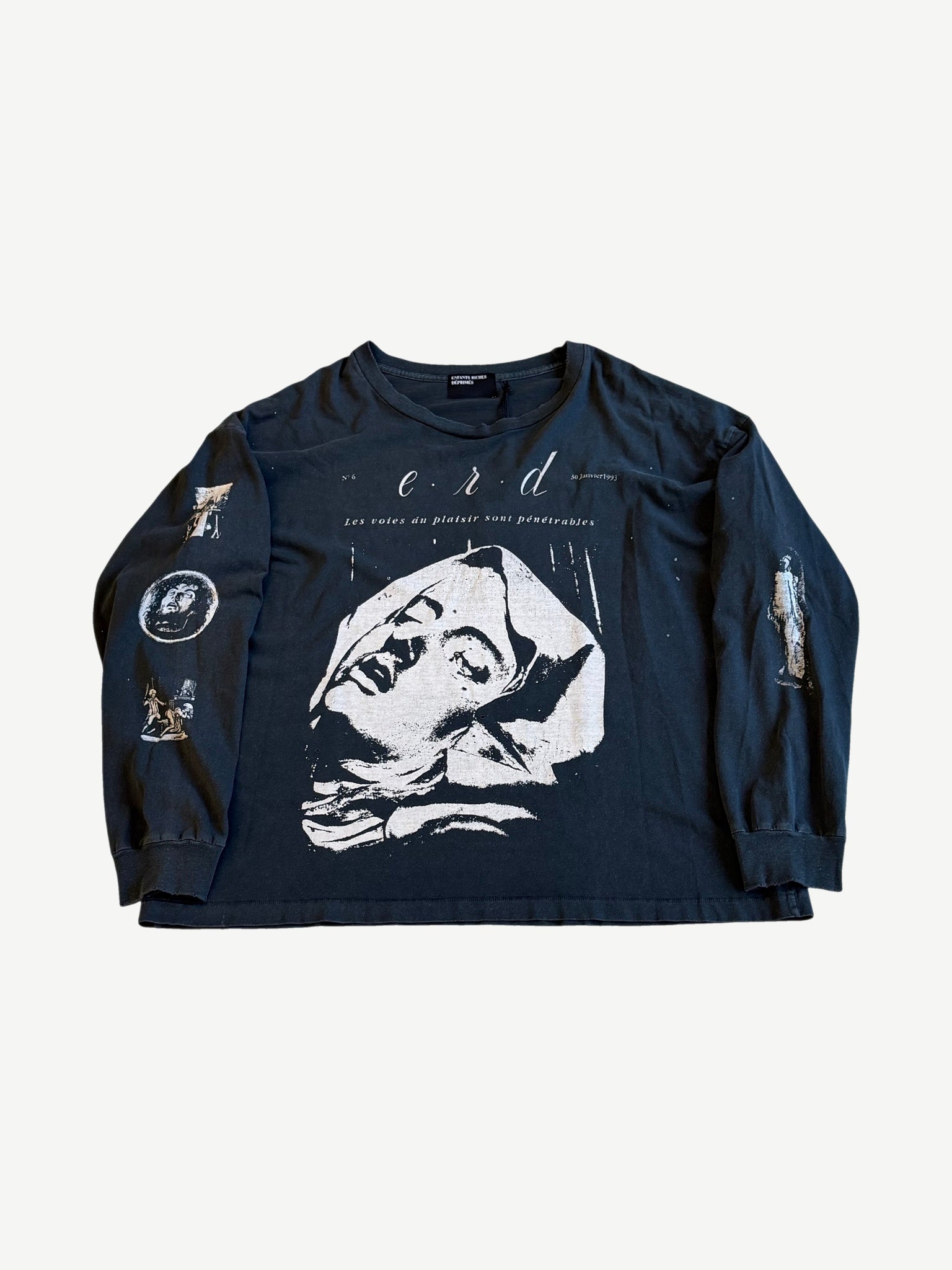 Enfants Riches Deprimes black longsleeve with white ERD Latency portrait graphic and French text print.