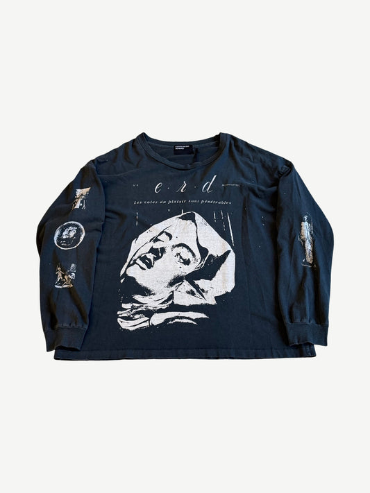Enfants Riches Deprimes black longsleeve with white ERD Latency portrait graphic and French text print.