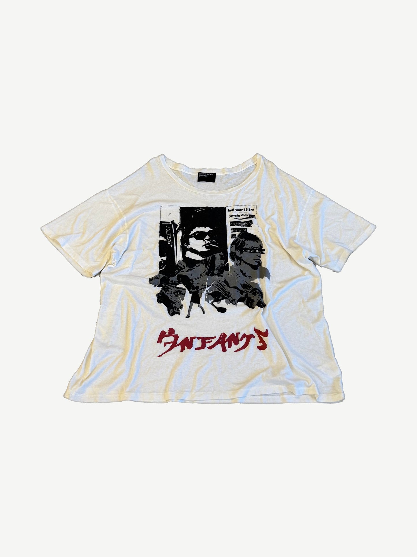 Enfants Riches Deprimes white Vacation tee with cutout newsprint graphic and red ERD script logo.