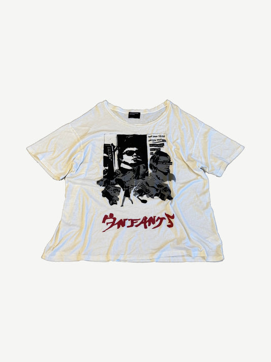 Enfants Riches Deprimes white Vacation tee with cutout newsprint graphic and red ERD script logo.