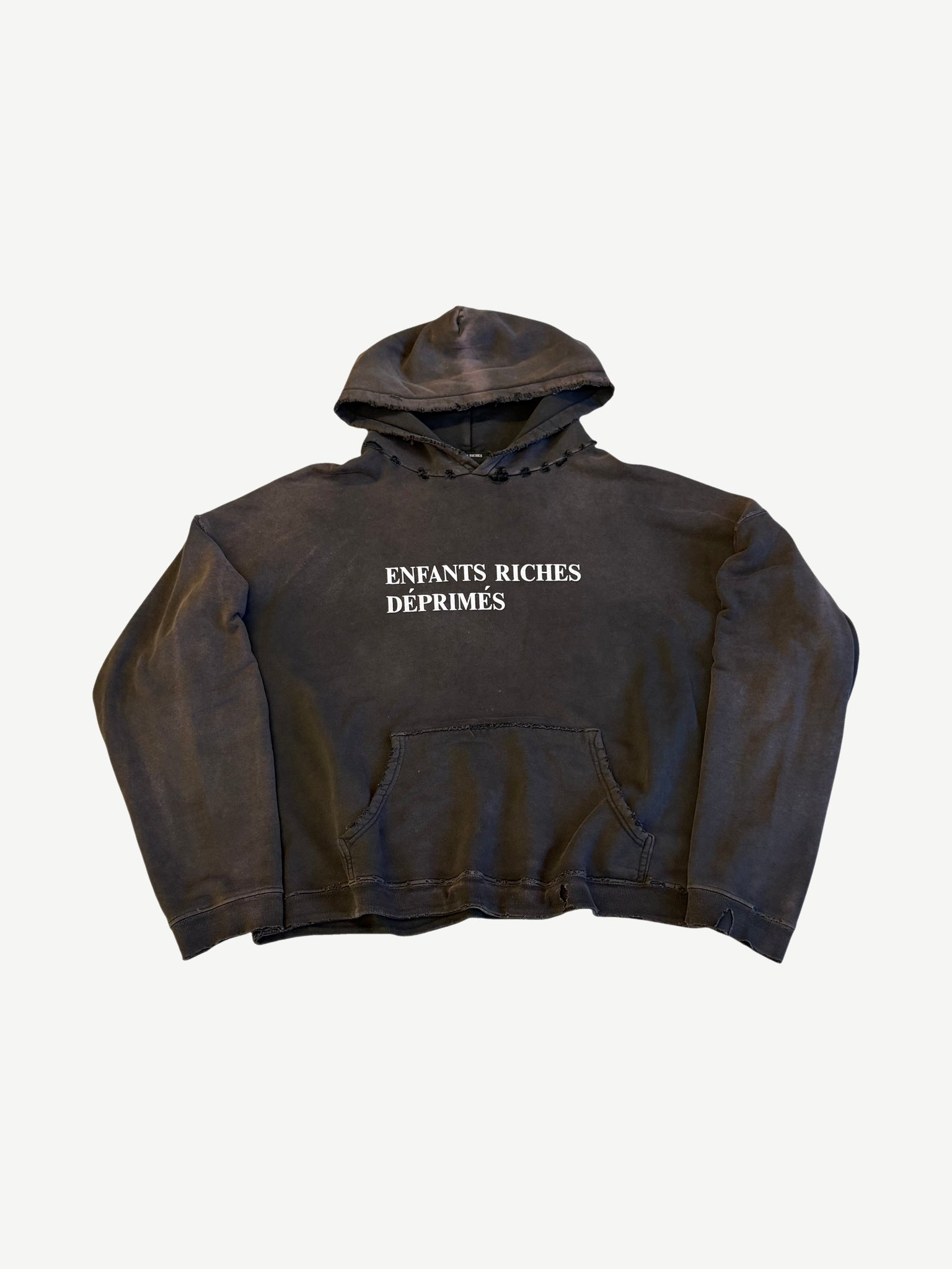 Enfants Riches Deprimes washed black distressed hoodie with white serif logo on chest and frayed seams