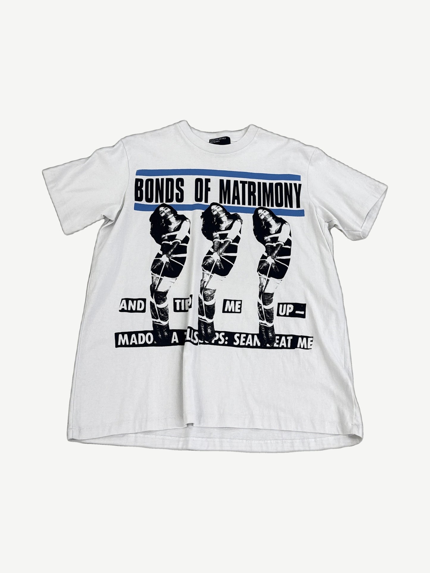 Enfants Riches Deprimes white tee with Bonds of Matrimony Madonna triptych punk zine graphic in black and blue