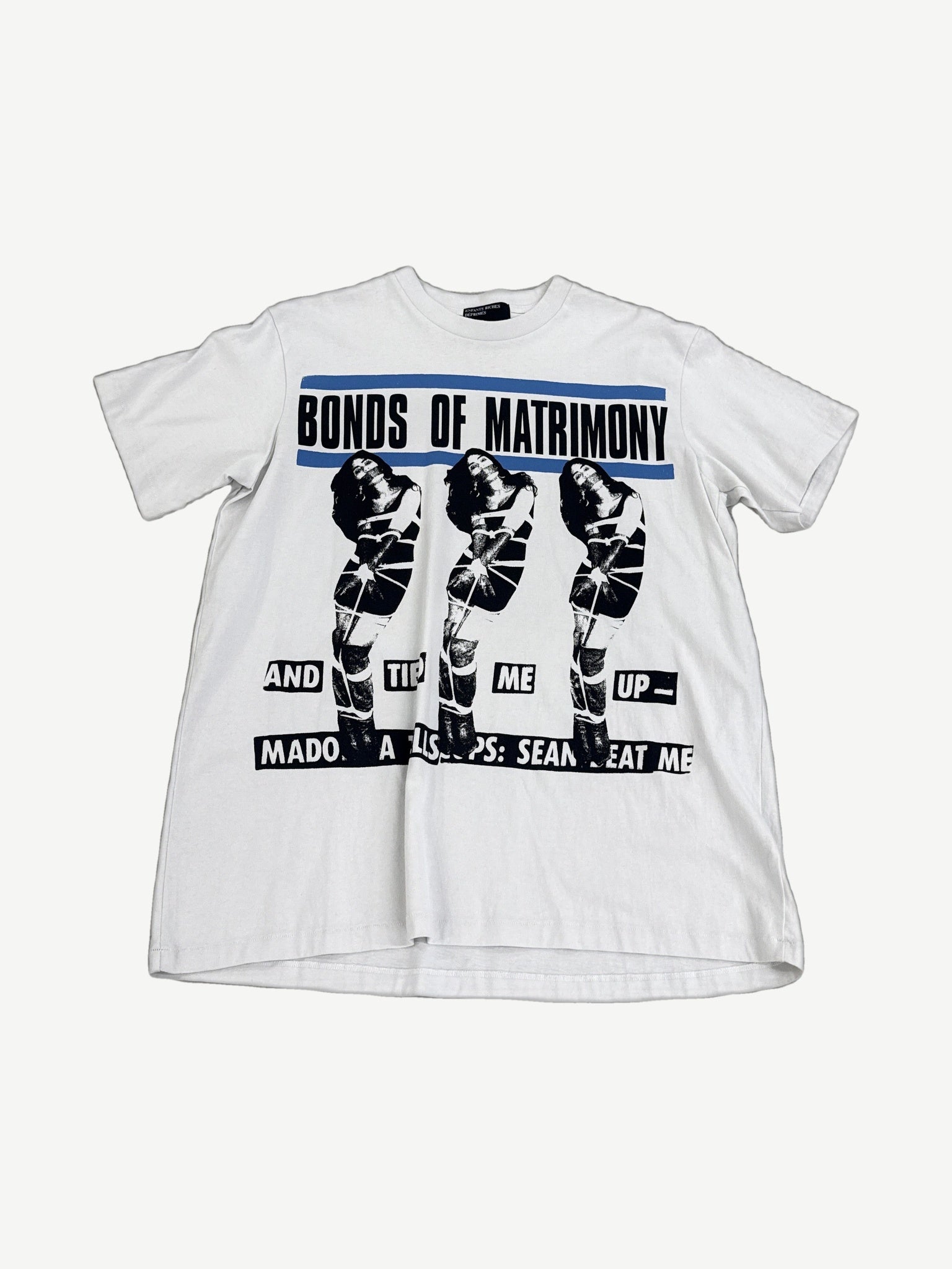 Enfants Riches Deprimes white tee with Bonds of Matrimony Madonna triptych punk zine graphic in black and blue