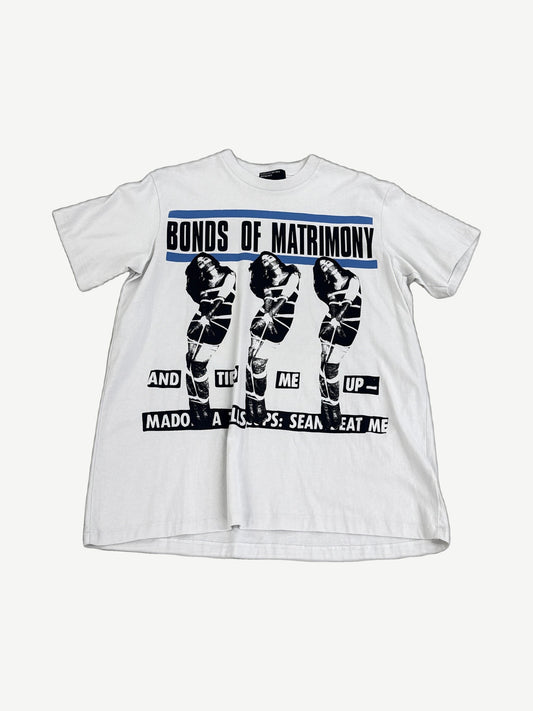 Enfants Riches Deprimes white tee with Bonds of Matrimony Madonna triptych punk zine graphic in black and blue