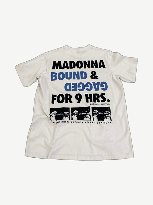 Back of ERD white Bonds of Matrimony tee with Madonna Bound and Gagged for 9 Hrs block text print