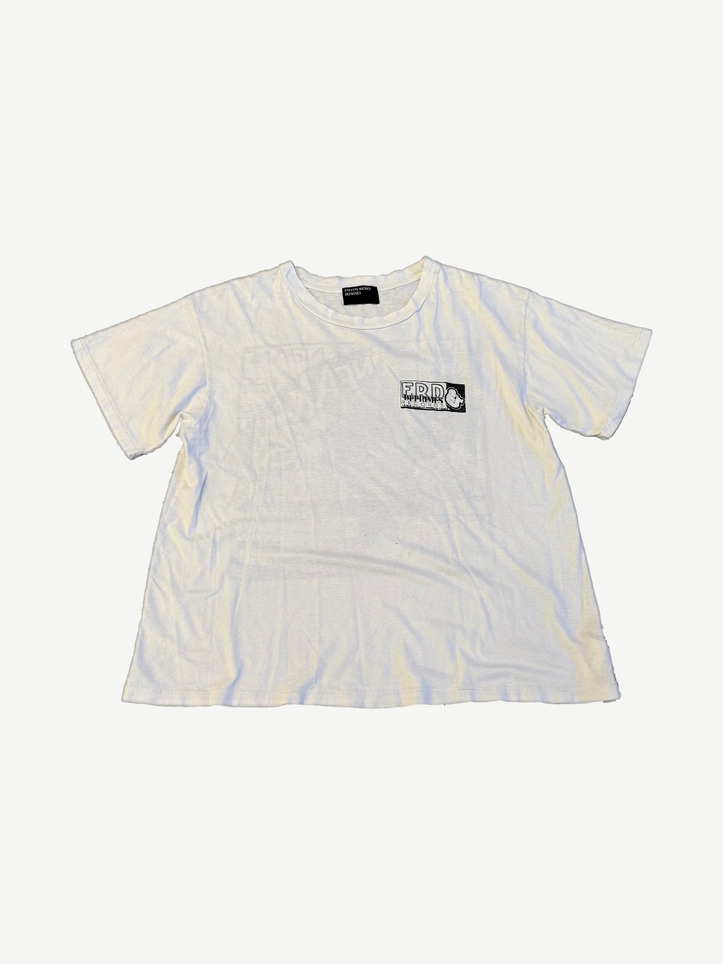 Enfants Riches Deprimes white records tee front, small ERD Records raised fist chest logo