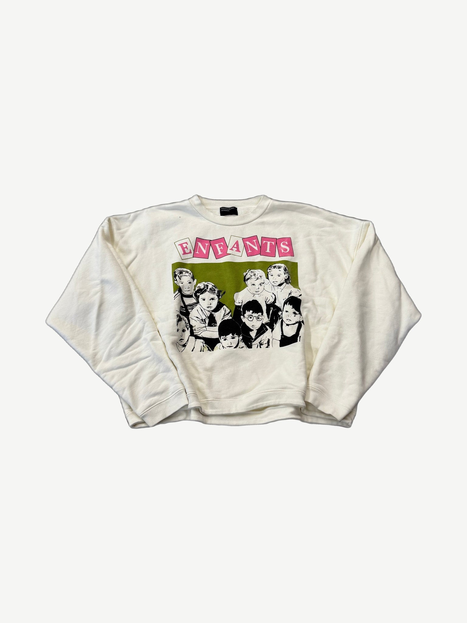 Enfants Riches Deprimes white crewneck sweatshirt with pink ENFANTS print over green Sybil children photo