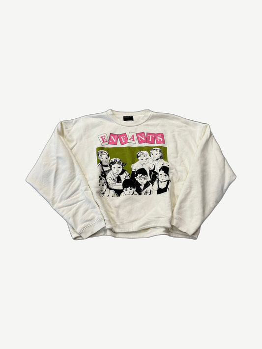 Enfants Riches Deprimes white crewneck sweatshirt with pink ENFANTS print over green Sybil children photo