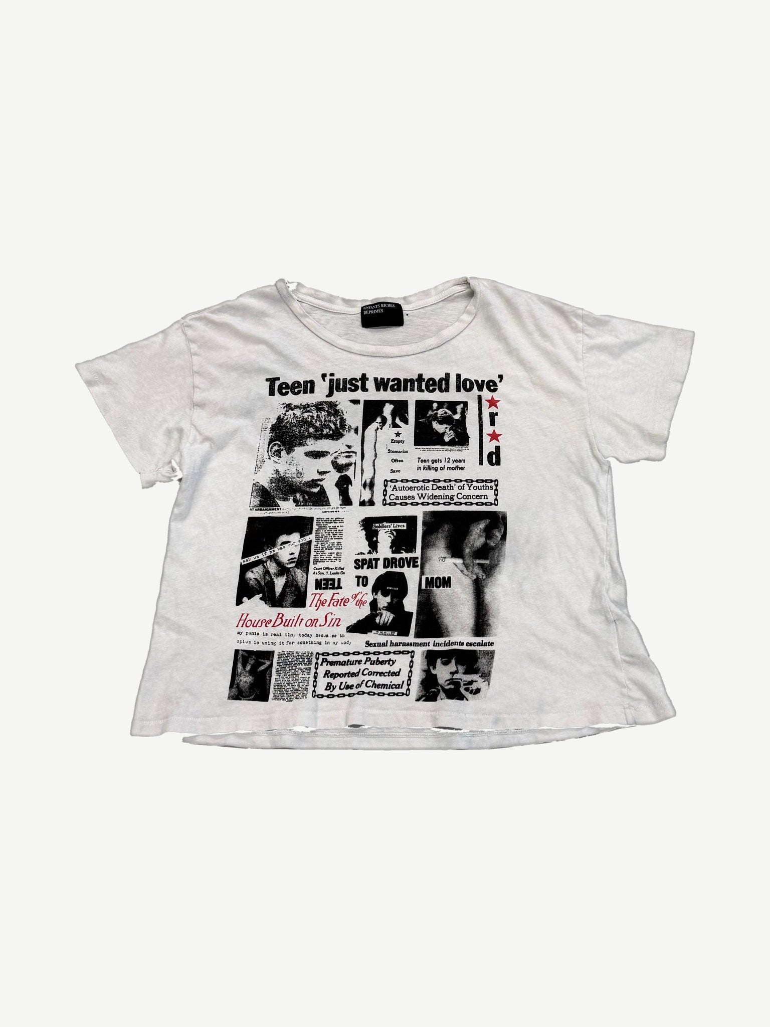 Enfants Riches Deprimes white Teen Just Wanted Love tee with newspaper collage front print