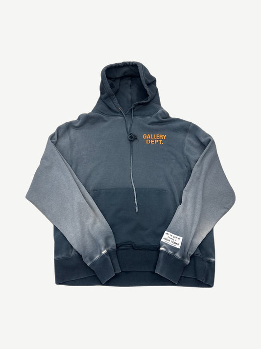 Gallery Dept reversible hoodie in sun faded navy and grey with orange logo and Art On Display side label.