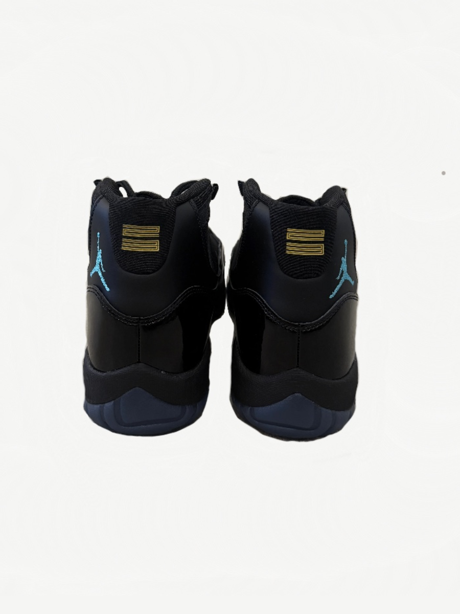 Jordan 11 Gamma Blue 2025 outsole view with translucent icy blue rubber tread and Jumpman branding.