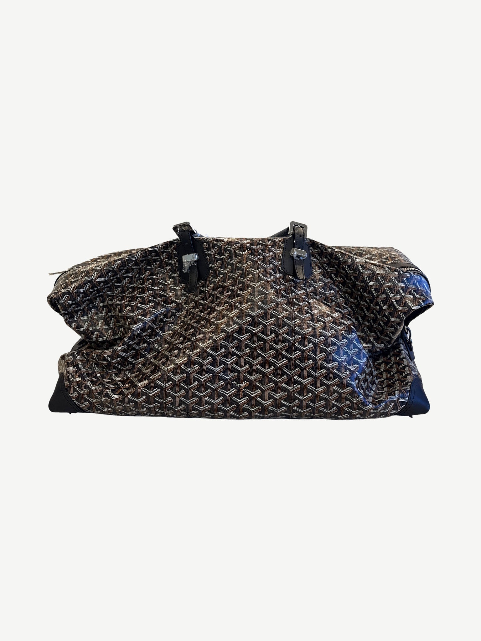Goyard black and brown Boeing 55 duffle bag front view with signature Goyardine canvas chevron pattern