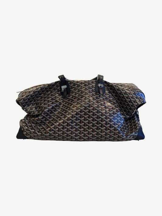 Goyard black and brown Boeing 55 duffle bag front view with signature Goyardine canvas chevron pattern