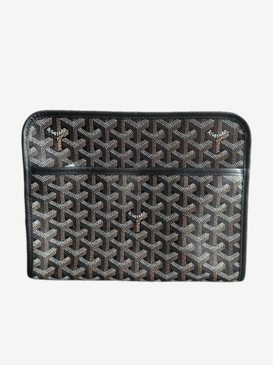 Goyard Jouvence GM toiletry bag in black Goyardine canvas with signature chevron print and zip top closure.