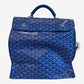 Goyard Saint Leger backpack in blue chevron canvas with leather top handle and twin clasp flap closure