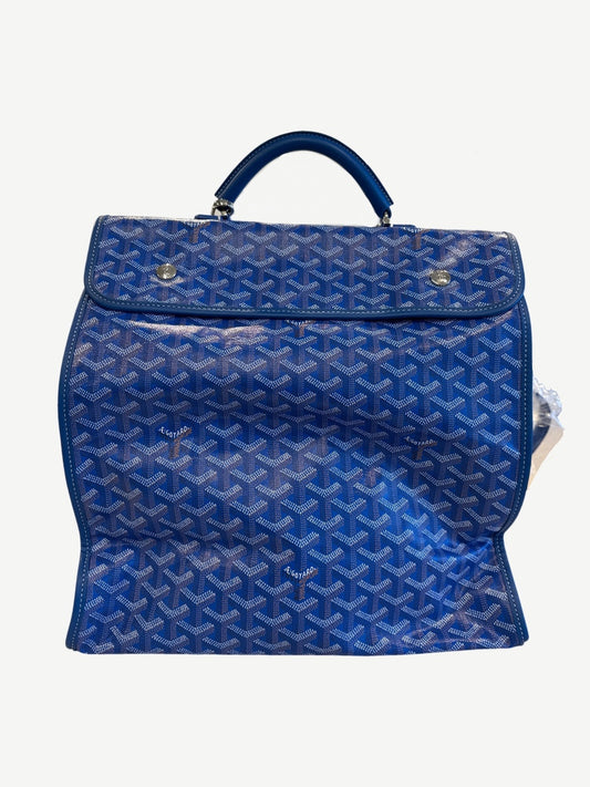 Goyard Saint Leger backpack in blue chevron canvas with leather top handle and twin clasp flap closure