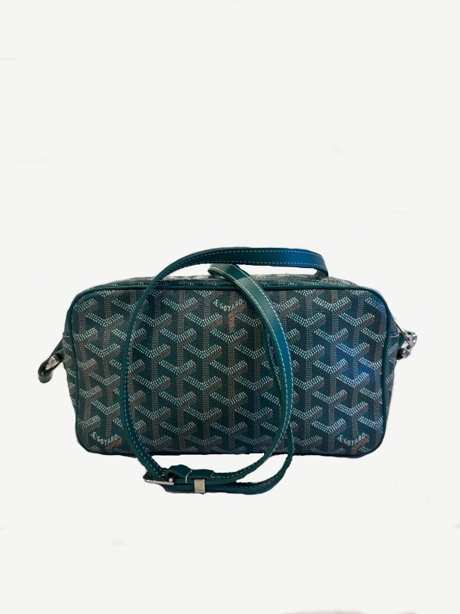 Goyard Cap Vert PM green chevron canvas crossbody bag front pocket and Goyard signature print detail