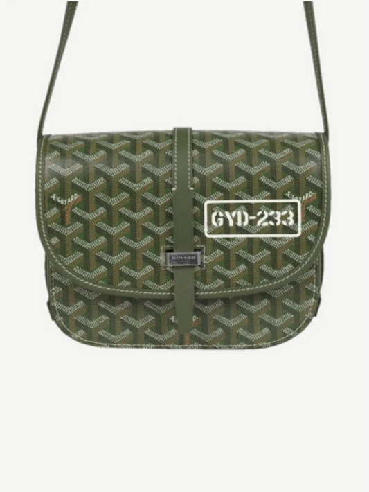 Goyard Belvedere PM khaki shoulder bag with signature Goyardine chevron coated canvas and tan leather trim.