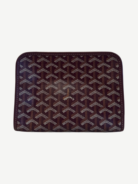 Goyard maroon Jouvence PM pouch side angle showing chevron Y print, leather trim and pull tab.