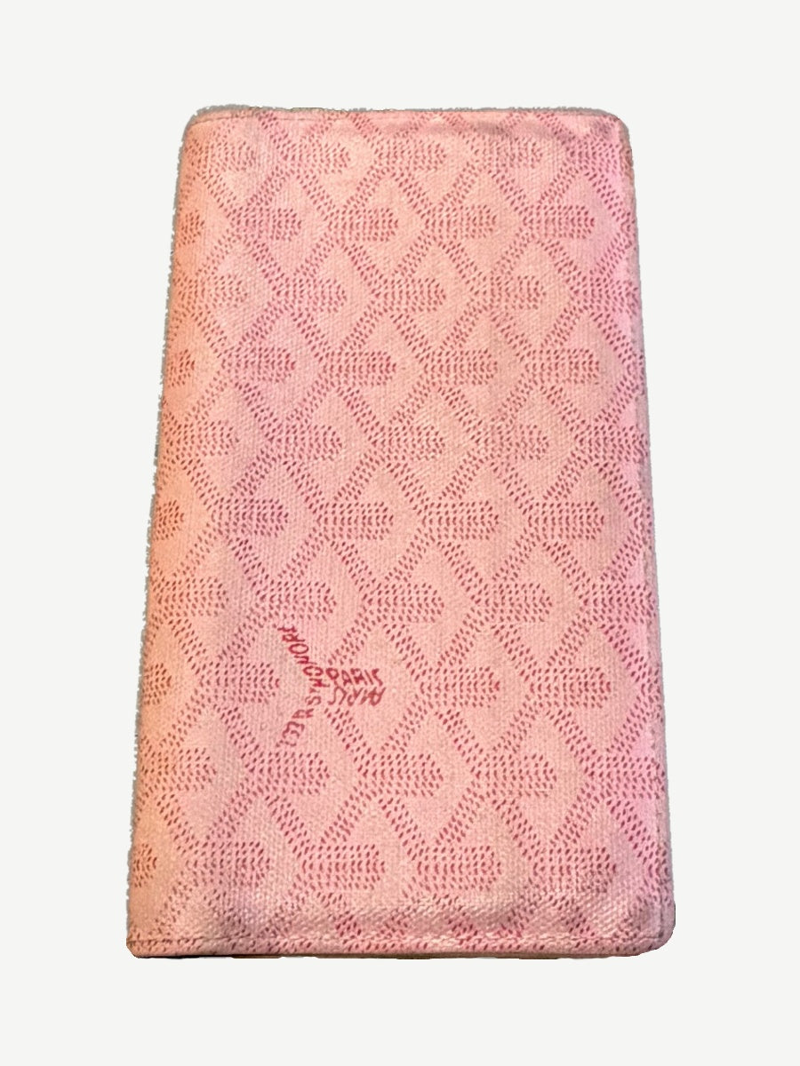Goyard pink Richelieu long wallet upright view, Goyardine chevron canvas with Paris signature stamp