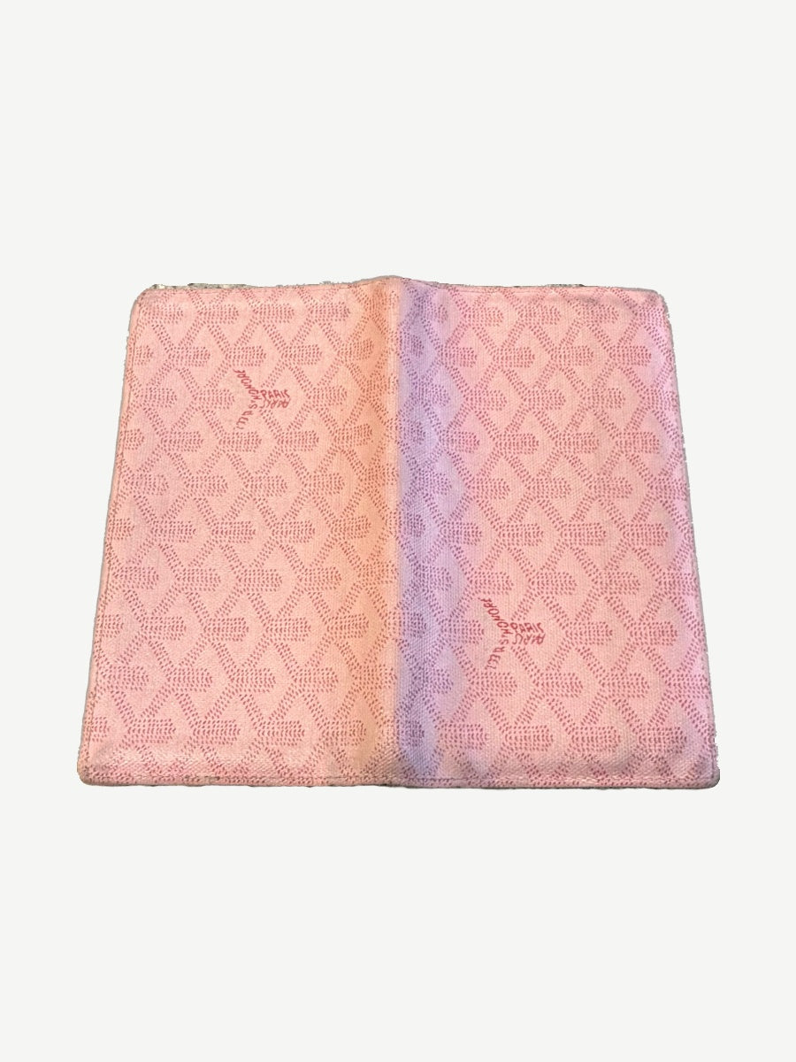 Goyard pink Richelieu long wallet opened flat, full Goyardine chevron canvas exterior spread