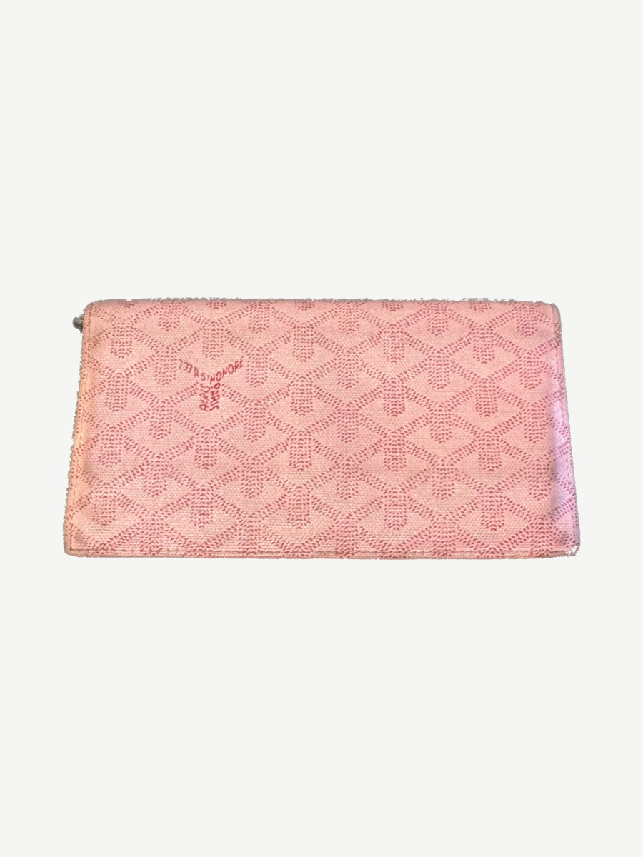 Goyard pink Goyardine Richelieu long wallet flat view, signature chevron Y print on canvas