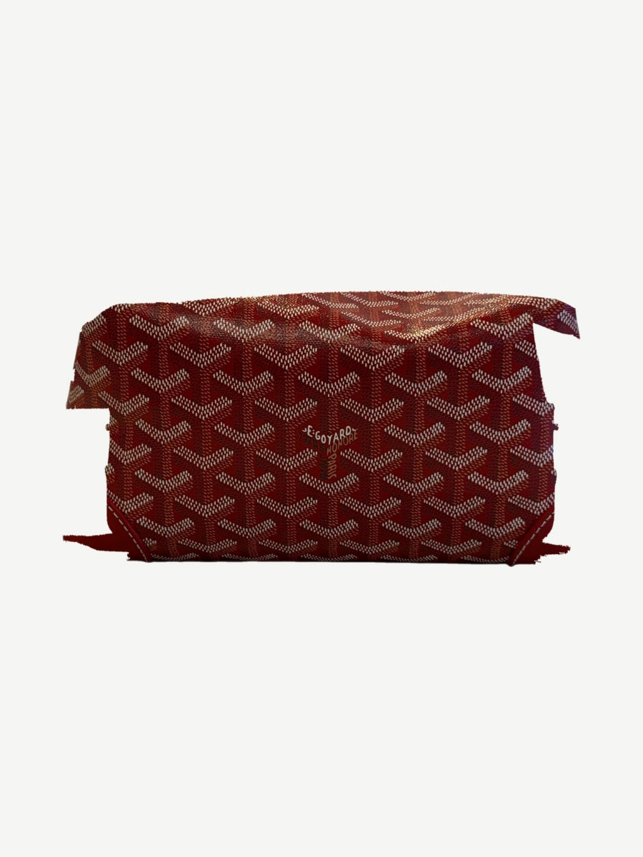 Goyard red Bowling 25 toiletry bag top-down view showing Goyardine chevron canvas surface