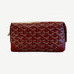Goyard red Bowling 25 toiletry bag side view with embossed Goyard logo and zip closure