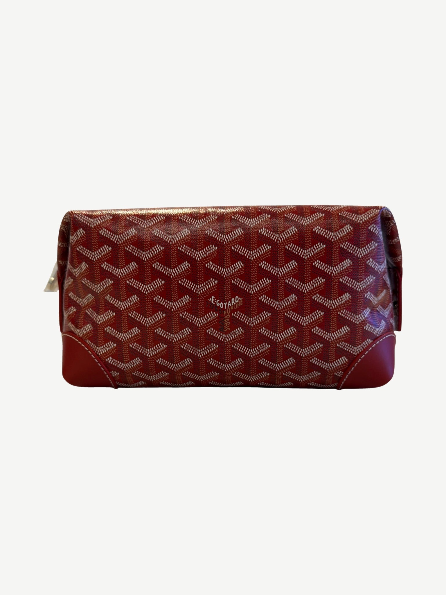 Goyard red Bowling 25 toiletry bag side view with embossed Goyard logo and zip closure