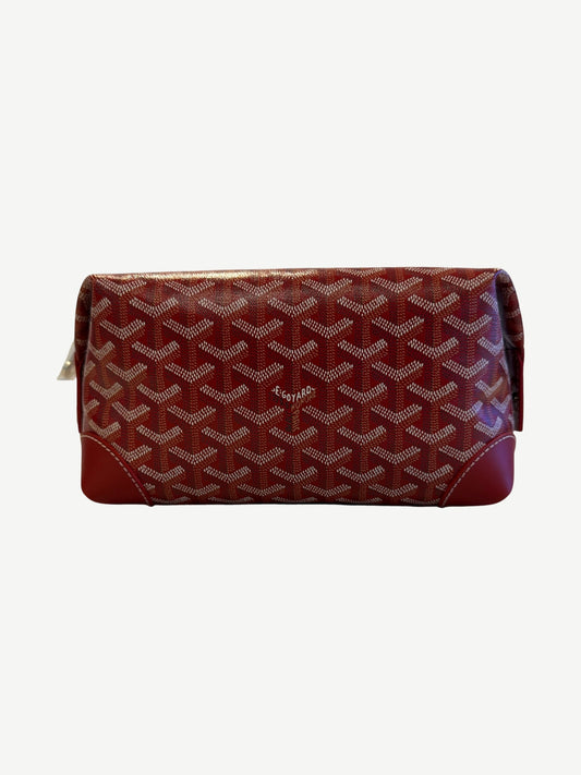 Goyard red Bowling 25 toiletry bag side view with embossed Goyard logo and zip closure