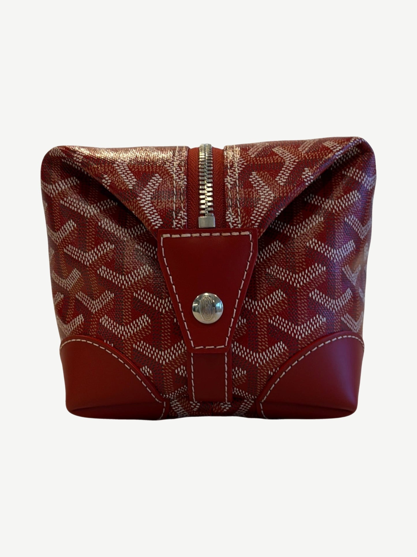 Goyard red Bowling 25 toiletry bag end view showing silver turn-lock and Goyard hardware