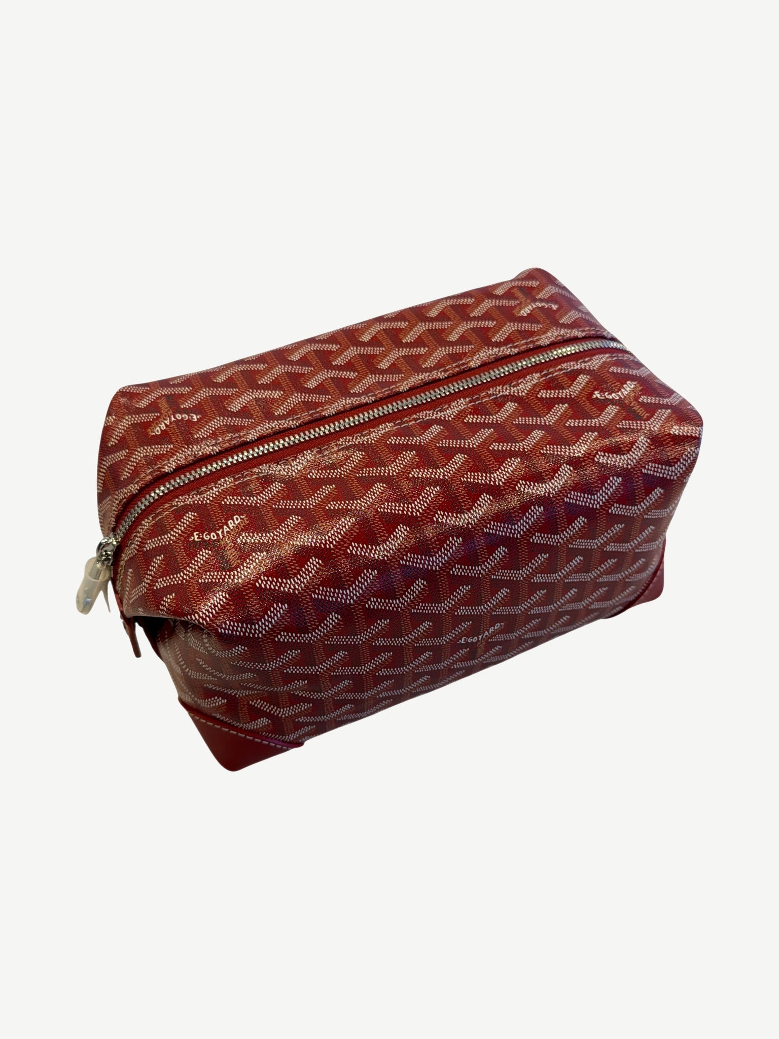 Goyard Bowling 25 toiletry bag in red Goyardine canvas with chevron print and leather trim