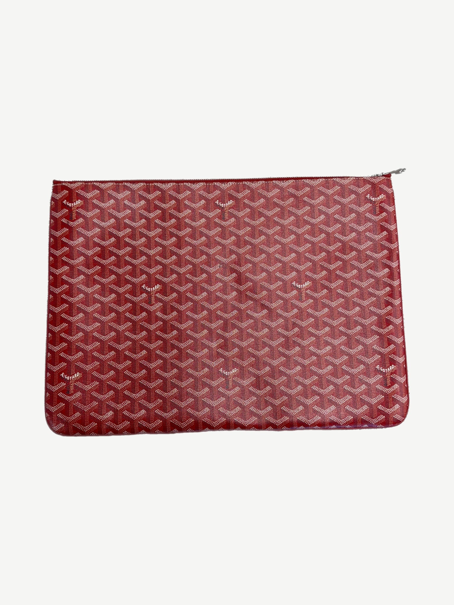 Goyard Senat GM red chevron pouch front view showing zipper closure and full monogram coverage.