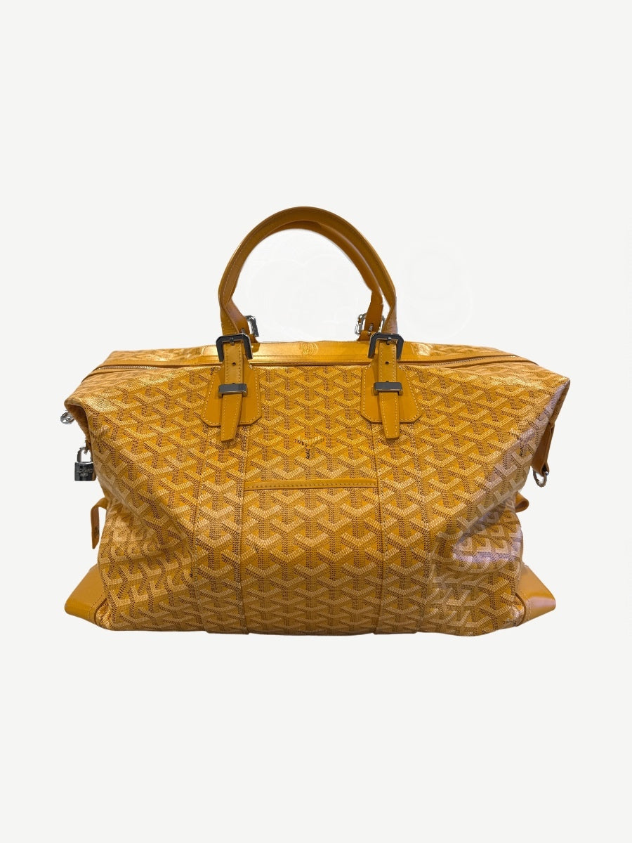 Goyard Boeing 45 yellow duffle bag with hand-painted chevron monogram, leather handles and silver buckle straps