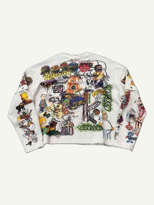 Back of Greedy Unit cream thermal longsleeve with cartoon graffiti-style allover marker illustration print