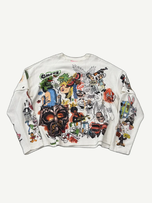 Greedy Unit cream thermal longsleeve with allover hand-drawn graphic collage and skull centerpiece print