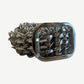 Greedy Unit silver bottle cap belt buckle close-up showing chainmail woven rectangular metal hardware detail