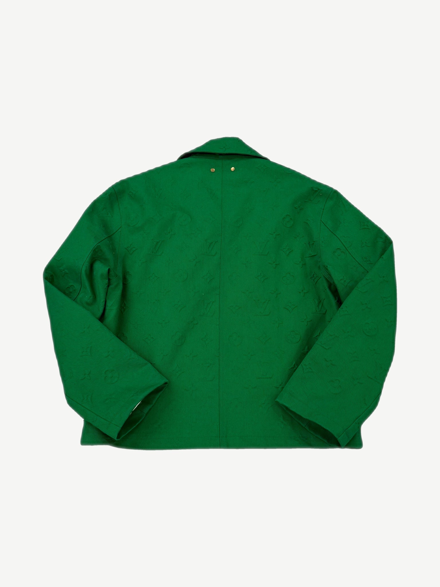 Louis Vuitton green monogram workwear jacket back view with tonal LV embossed monogram covering the body