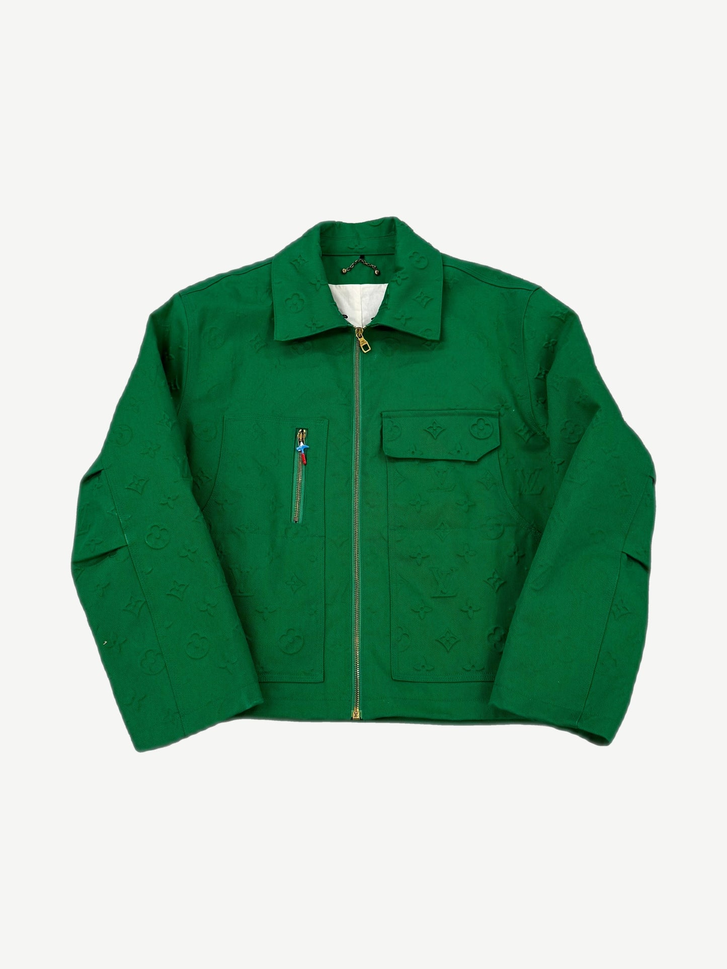 Louis Vuitton green workwear denim jacket with tonal embossed monogram and zip front utility pocket detailing