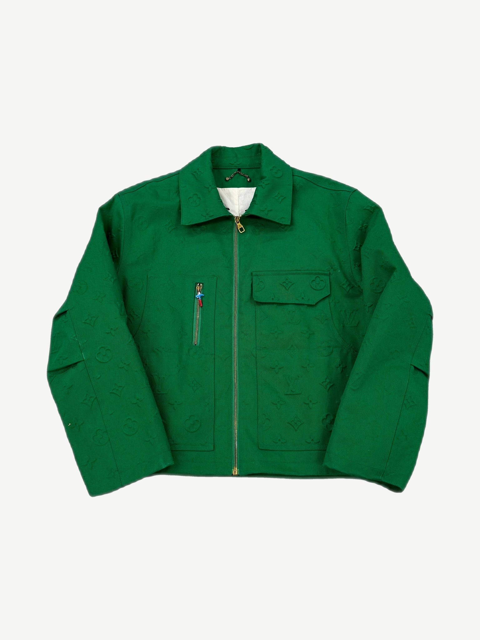 Louis Vuitton green workwear denim jacket with tonal embossed monogram and zip front utility pocket detailing