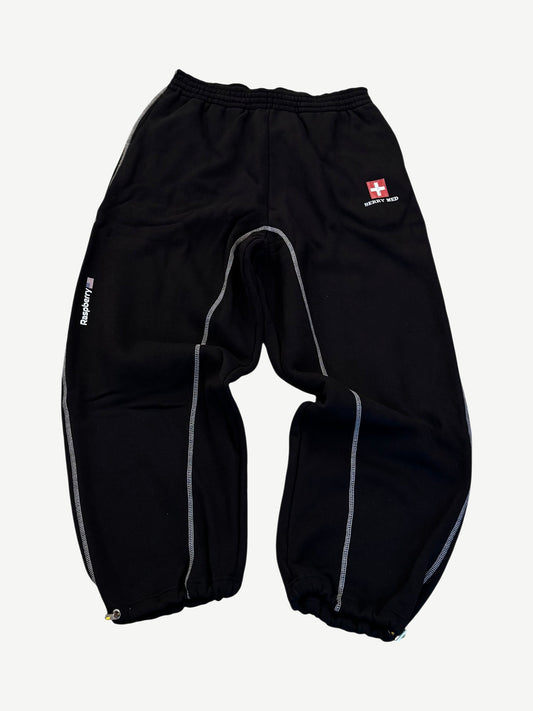 GV Gallery Raspberry Hills black sweatpants with embroidered berry logo on left thigh, front view