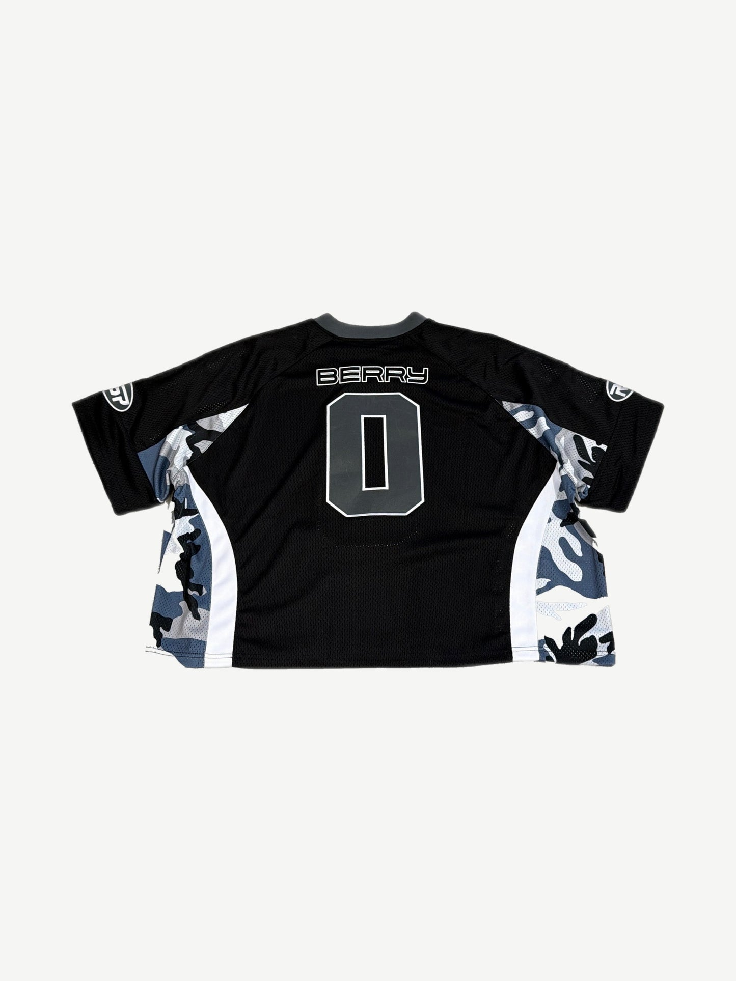 GV Gallery Raspberry Hills mesh jersey back, BERRY nameplate over 0 with camo side panels and white piping.