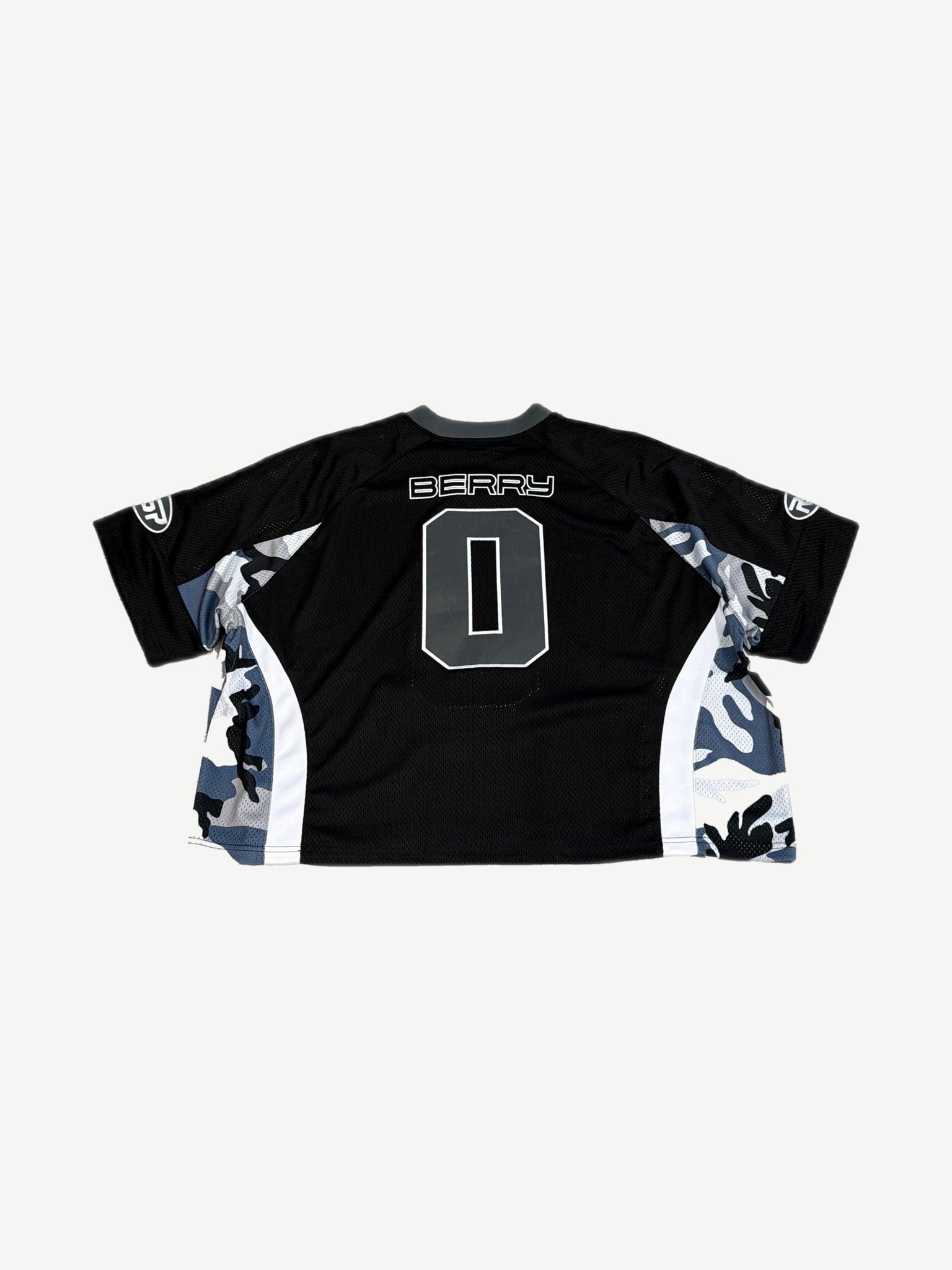 GV Gallery Raspberry Hills mesh jersey back, BERRY nameplate over 0 with camo side panels and white piping.