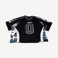 GV Gallery Raspberry Hills mesh sport jersey front, black body with grey camo side panels and large 0 chest number.