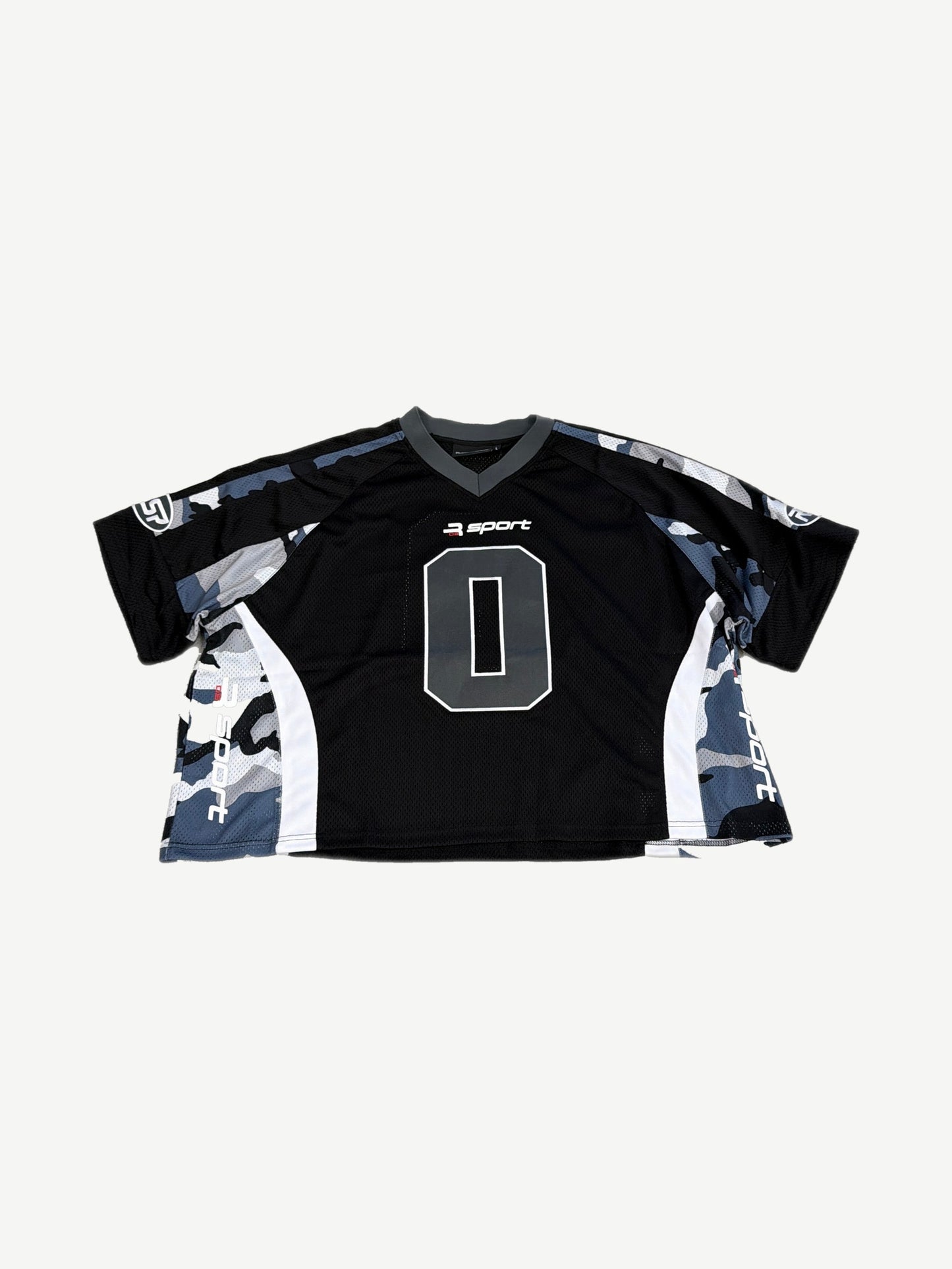 GV Gallery Raspberry Hills mesh sport jersey front, black body with grey camo side panels and large 0 chest number.