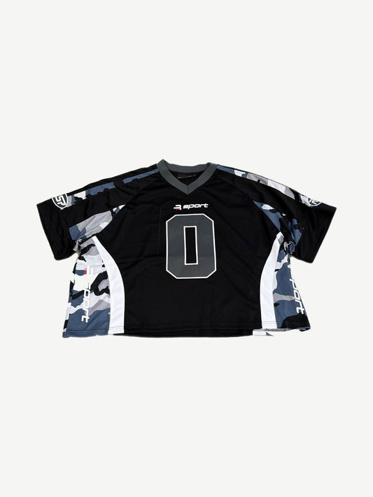 GV Gallery Raspberry Hills mesh sport jersey front, black body with grey camo side panels and large 0 chest number.